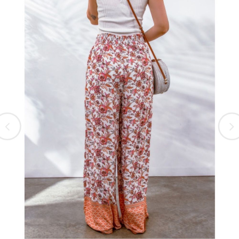 NWT Wide-Leg Pull-on Elastic Waist Flowy Boho Pants Pockets Orange Pink Floral S - Picture 2 of 16